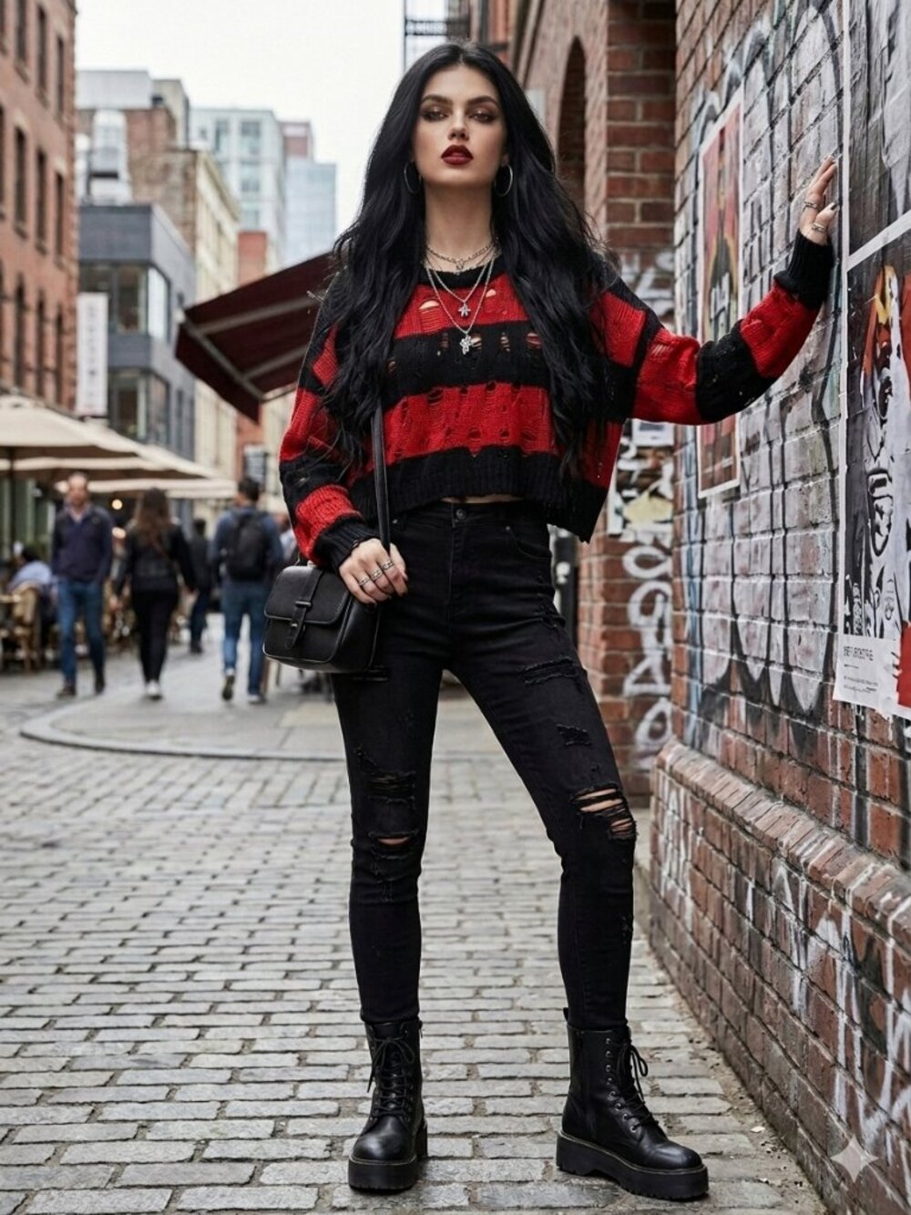 Goth Distressed Freddy Krueger Vibe Red & Black Striped Cropped Sweater
